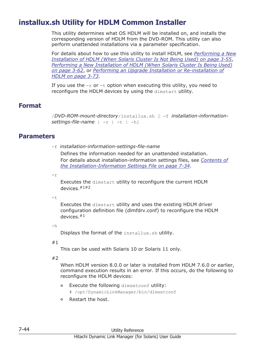 Installux.sh utility for hdlm common installer, Format, Parameters | Installux.sh utility for hdlm common installer -44, Format -44, Parameters -44, Installux.sh utility for | HP Hitachi Dynamic Link Manager Software Licenses User Manual | Page 474 / 646