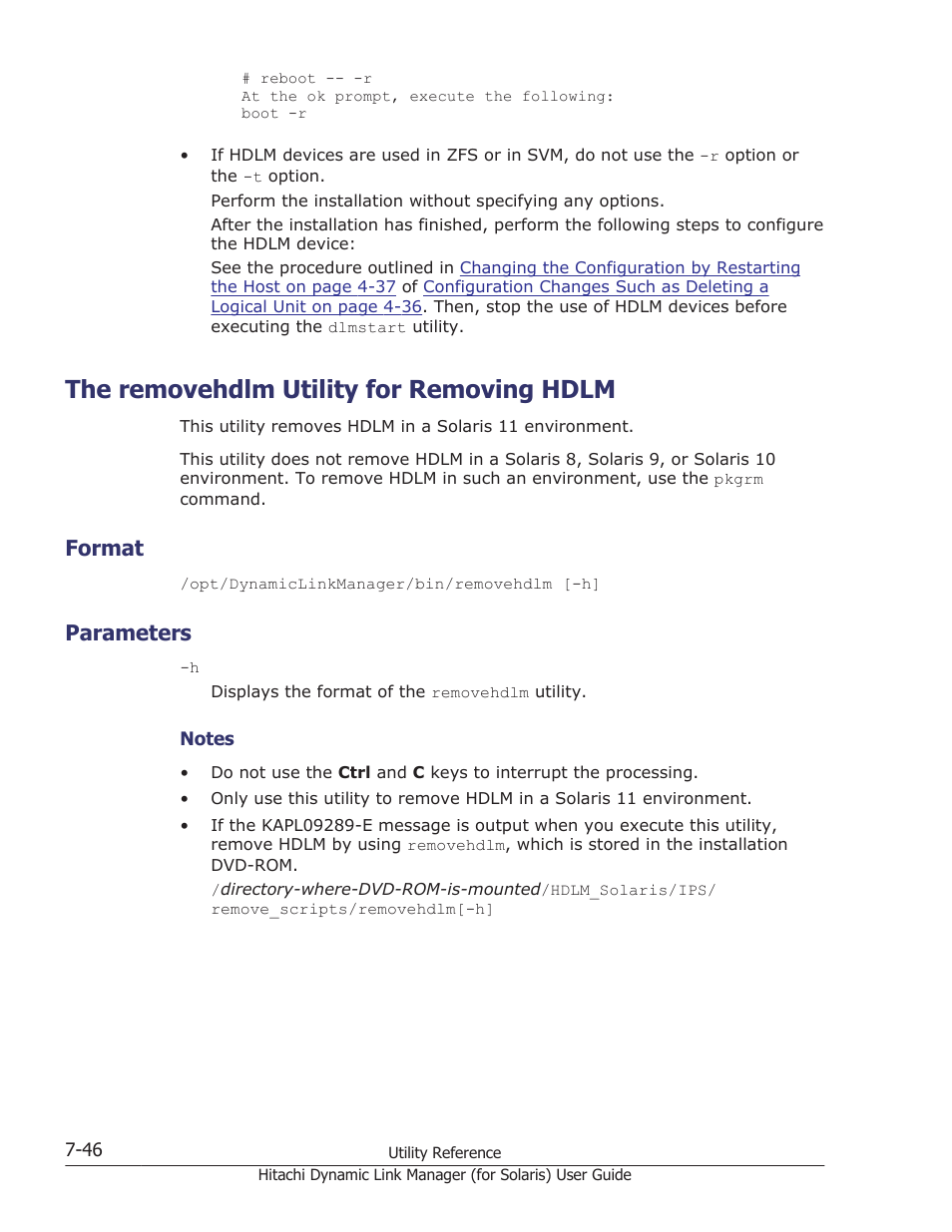 The removehdlm utility for removing hdlm, Format, Parameters | The removehdlm utility for removing hdlm -46, Format -46, Parameters -46 | HP Hitachi Dynamic Link Manager Software Licenses User Manual | Page 476 / 646