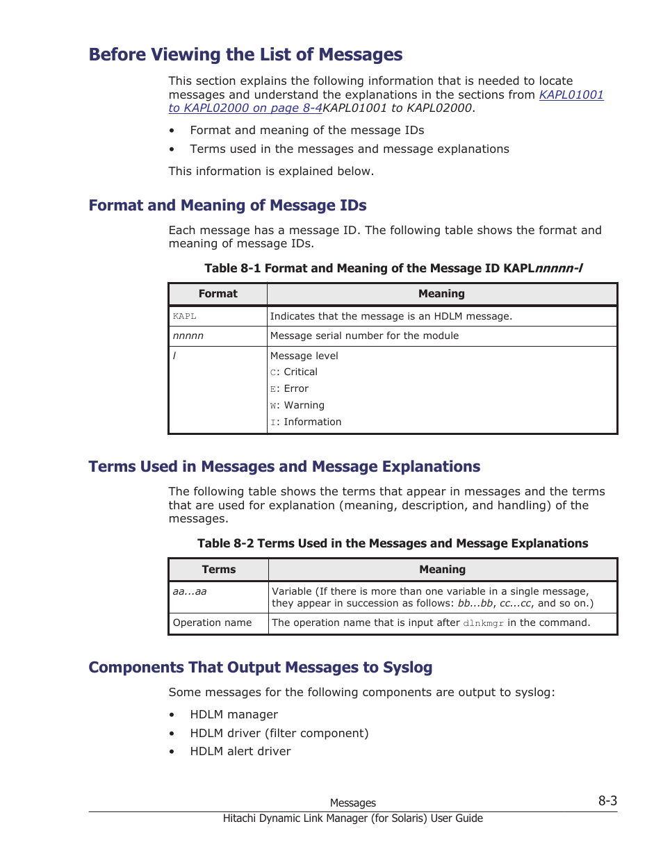 Before viewing the list of messages, Format and meaning of message ids, Terms used in messages and message explanations | Components that output messages to syslog, Before viewing the list of messages -3, Format and meaning of message ids -3, Terms used in messages and message explanations -3, Components that output messages to syslog -3, For details on the level of the message, see, Format and meaning of message | HP Hitachi Dynamic Link Manager Software Licenses User Manual | Page 479 / 646