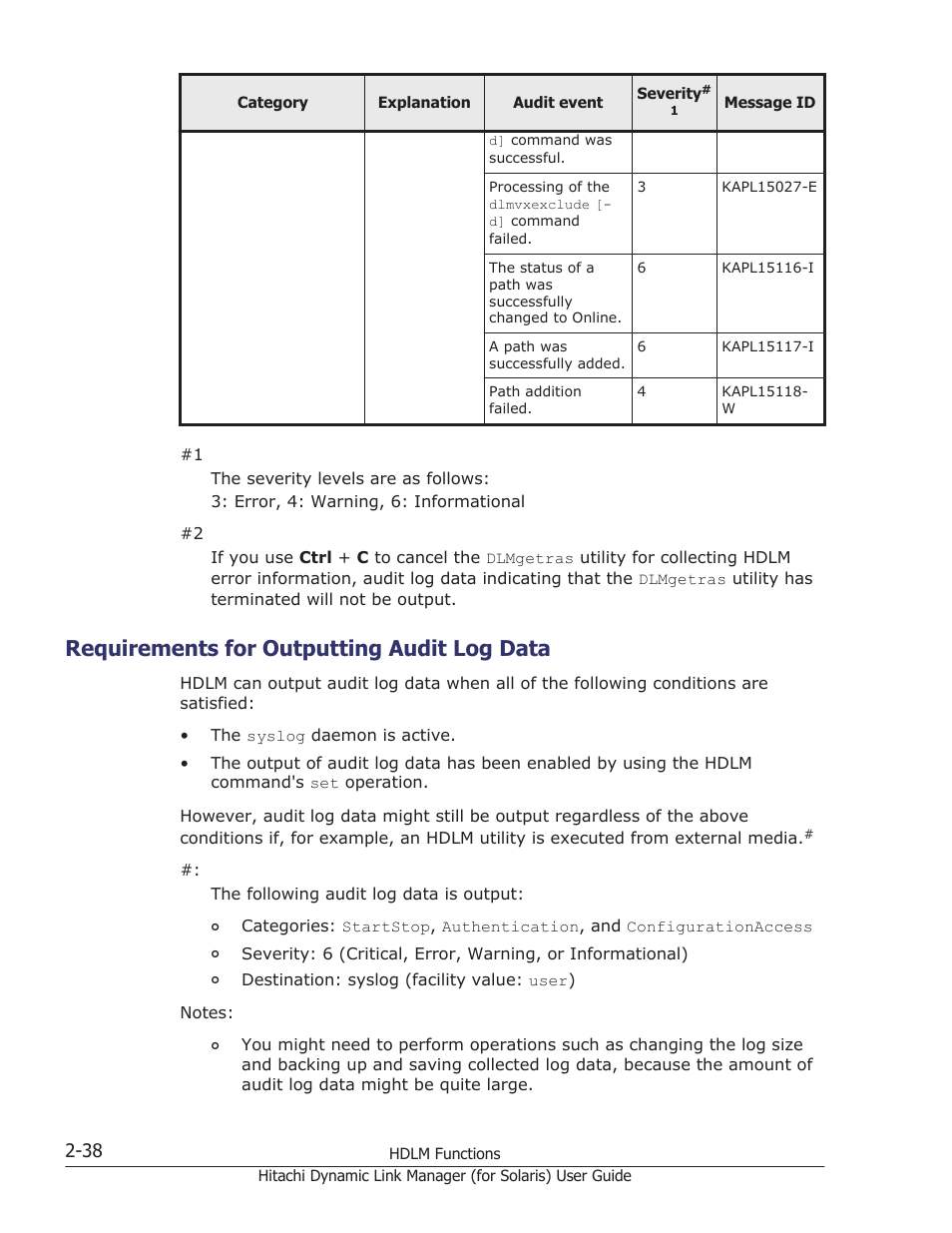 Requirements for outputting audit log data, Requirements for outputting audit log data -38 | HP Hitachi Dynamic Link Manager Software Licenses User Manual | Page 60 / 646