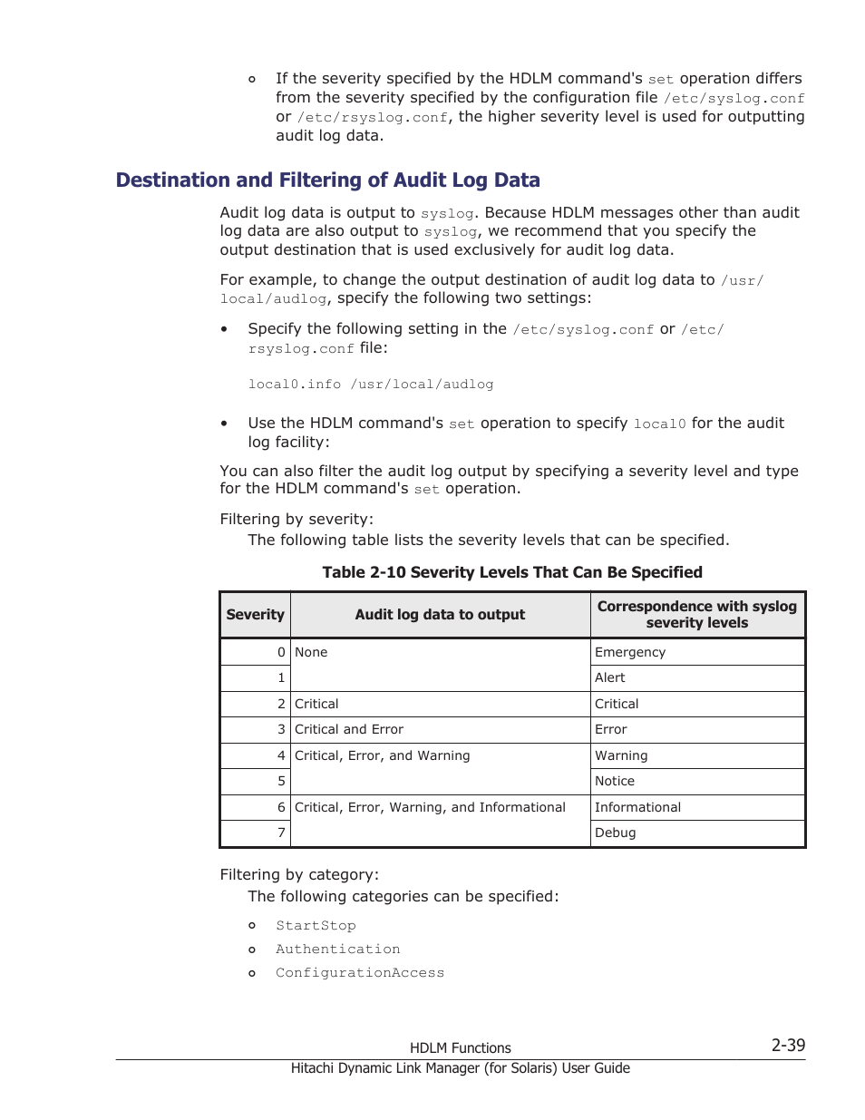 Destination and filtering of audit log data, Destination and filtering of audit log data -39 | HP Hitachi Dynamic Link Manager Software Licenses User Manual | Page 61 / 646
