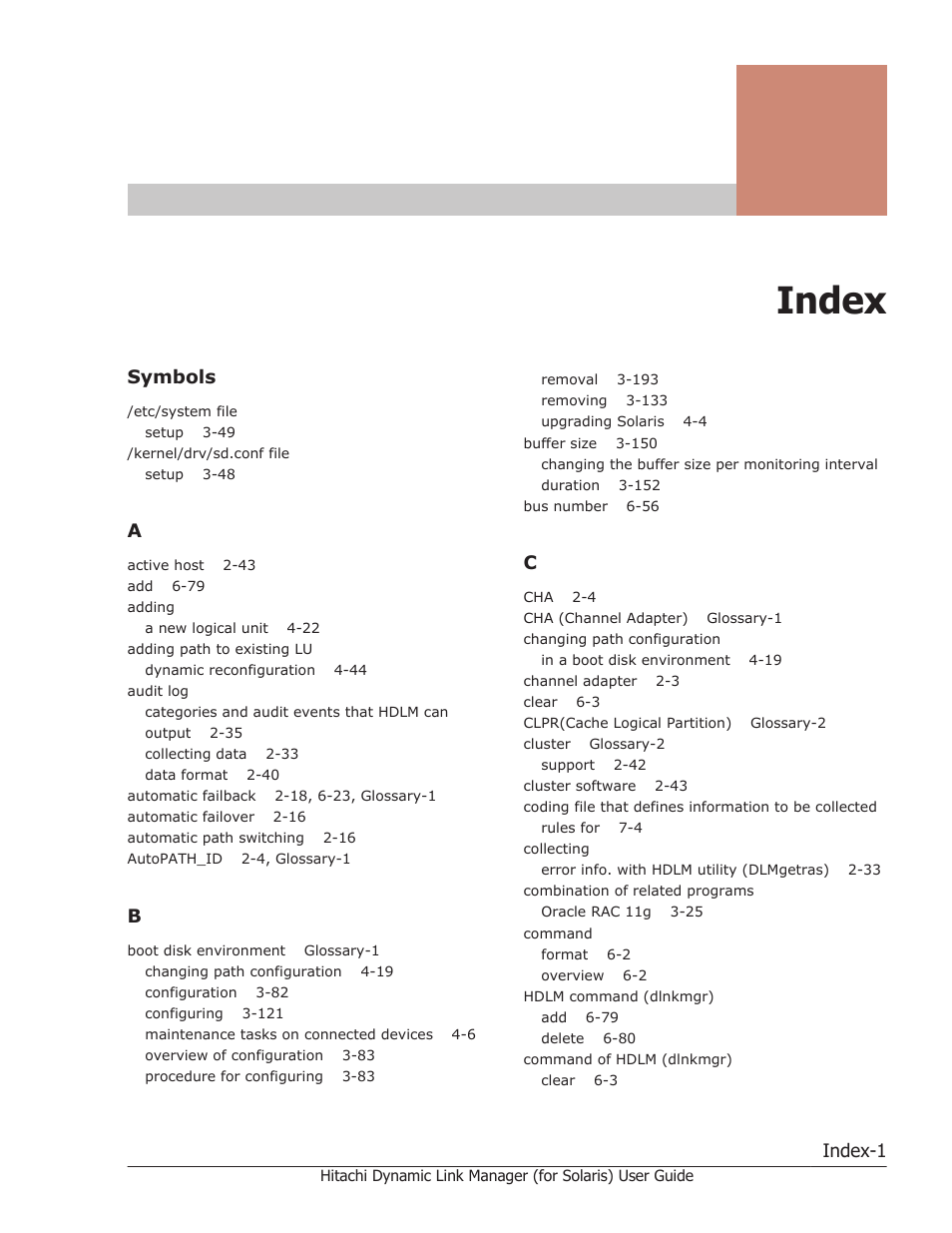Index, Symbols, Index-1 | HP Hitachi Dynamic Link Manager Software Licenses User Manual | Page 639 / 646