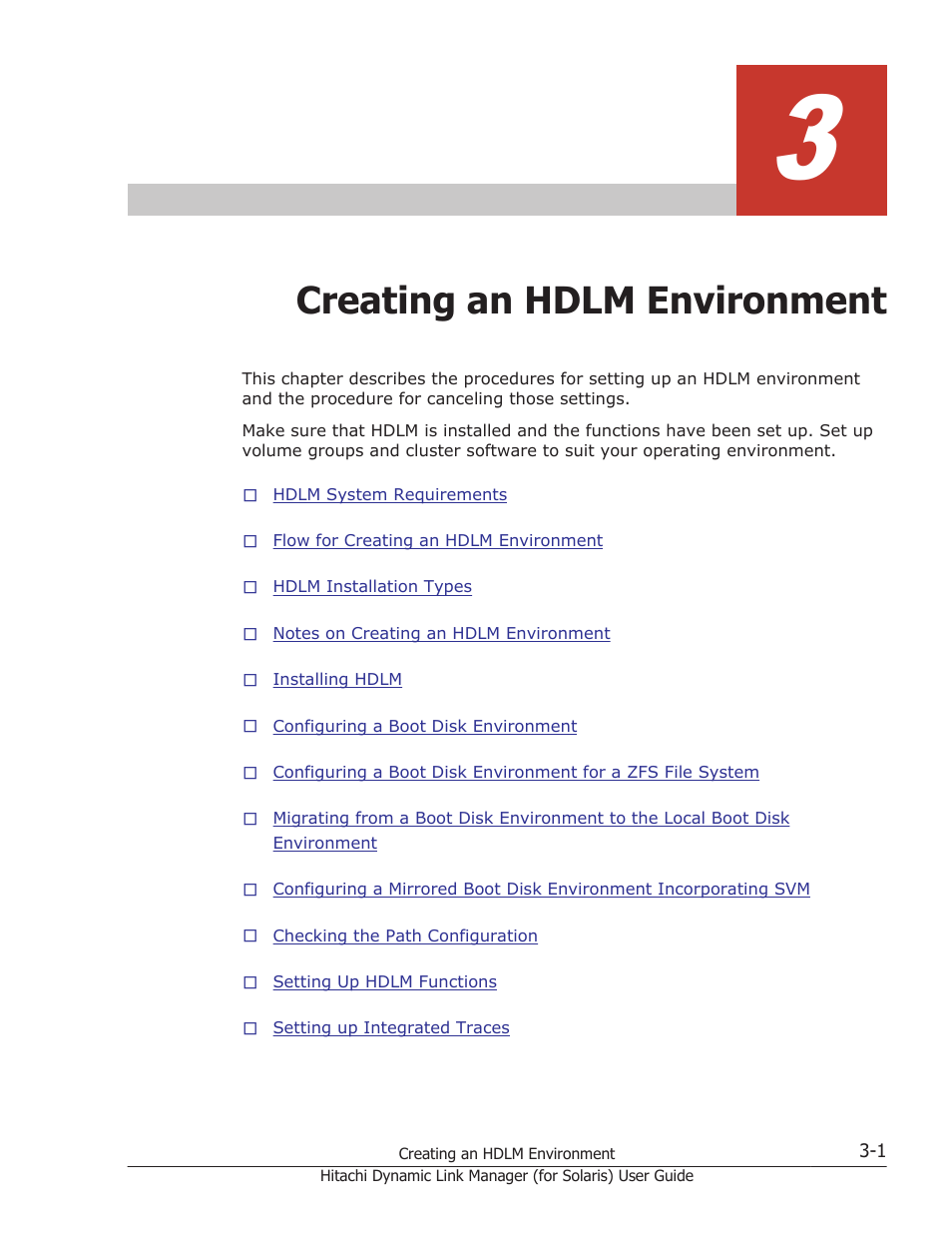 Creating an hdlm environment, 3 creating an hdlm environment -1, Chapter 3, creating an hdlm | HP Hitachi Dynamic Link Manager Software Licenses User Manual | Page 67 / 646