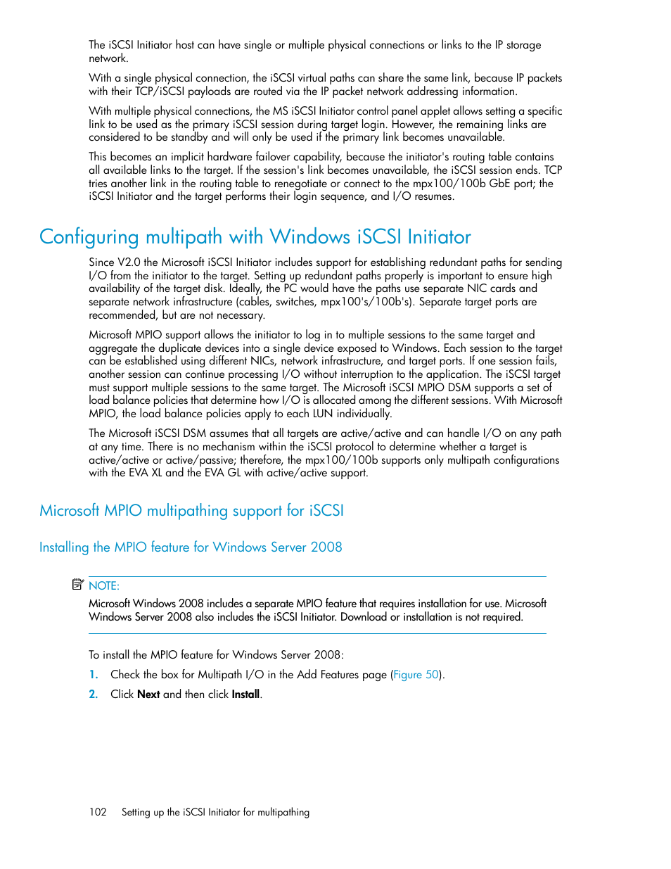 Configuring multipath with windows iscsi initiator, Microsoft mpio multipathing support for iscsi | HP 3000 Enterprise Virtual Array User Manual | Page 102 / 236