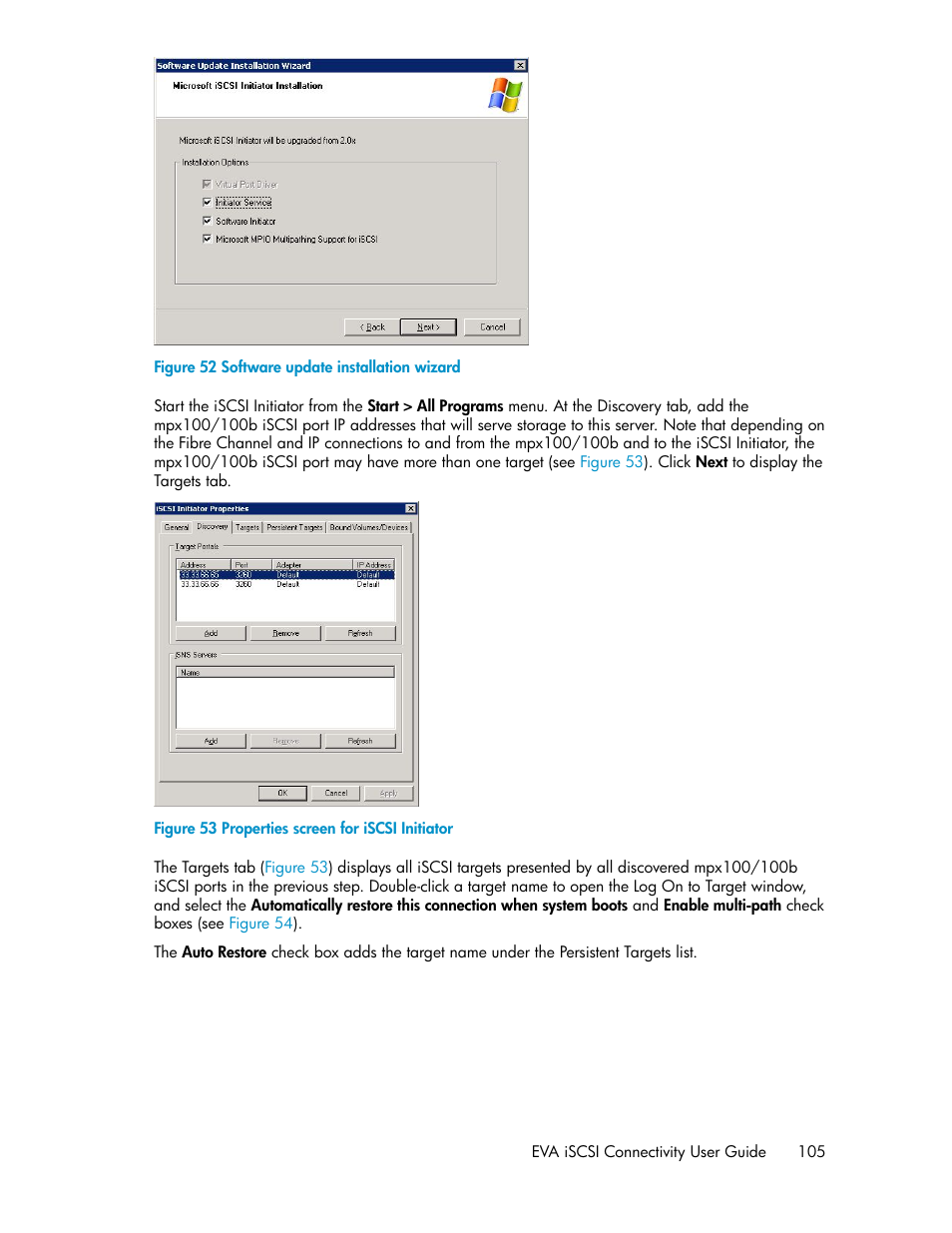Software update installation wizard, Properties screen for iscsi initiator | HP 3000 Enterprise Virtual Array User Manual | Page 105 / 236