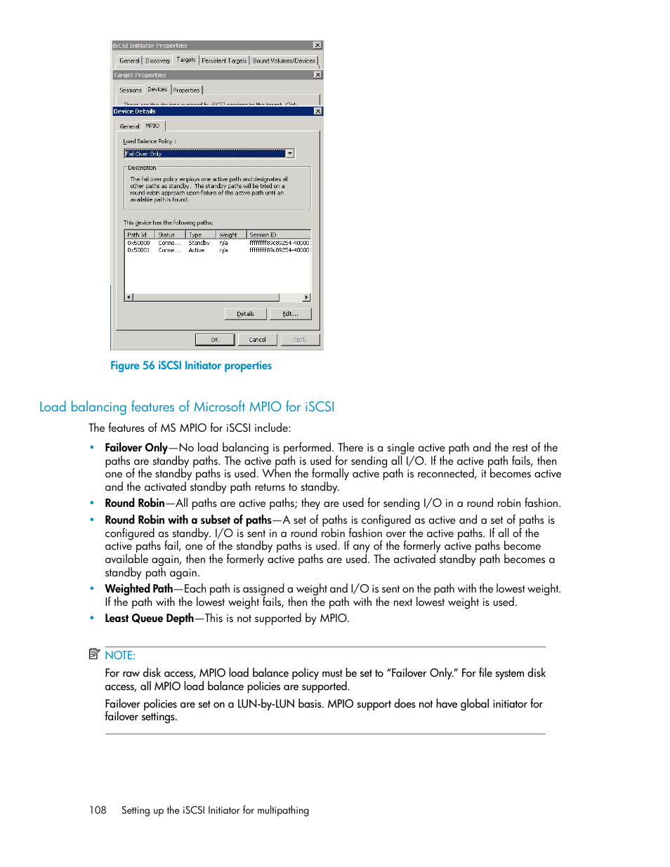 Iscsi initiator properties | HP 3000 Enterprise Virtual Array User Manual | Page 108 / 236