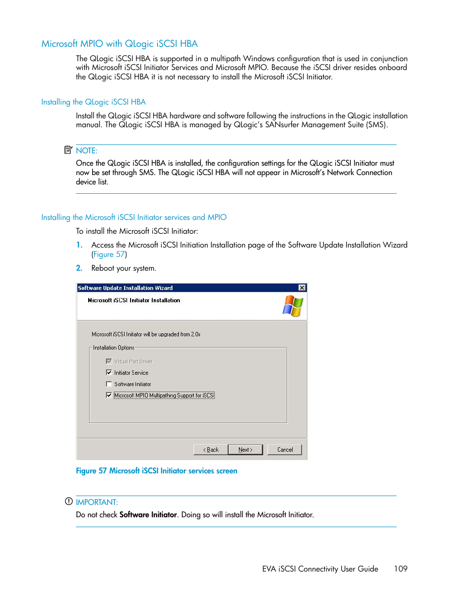 Microsoft mpio with qlogic iscsi hba, Installing the qlogic iscsi hba, Microsoft iscsi initiator services screen | HP 3000 Enterprise Virtual Array User Manual | Page 109 / 236