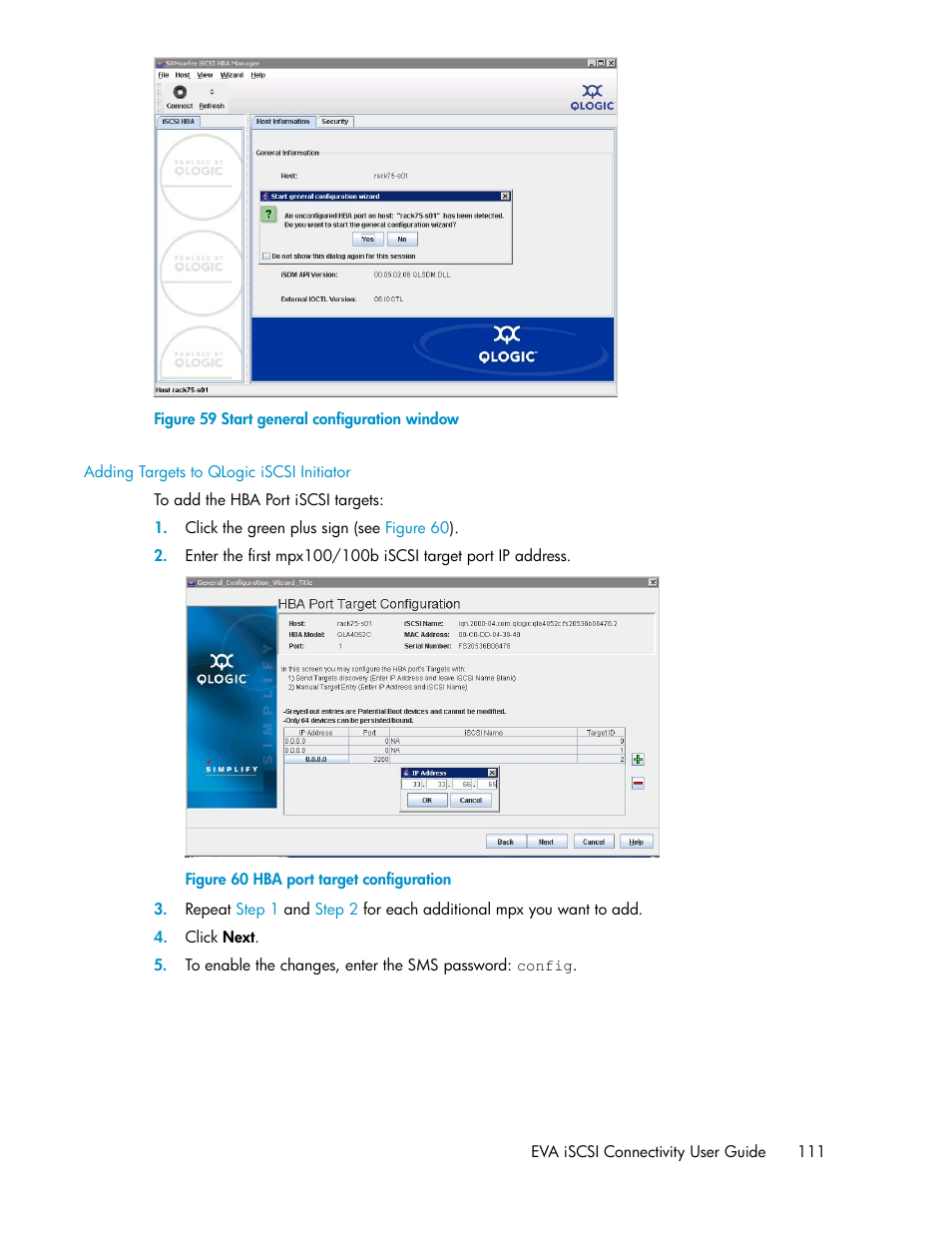 Adding targets to qlogic iscsi initiator, Start general configuration window, Hba port target configuration | Figure 59 | HP 3000 Enterprise Virtual Array User Manual | Page 111 / 236
