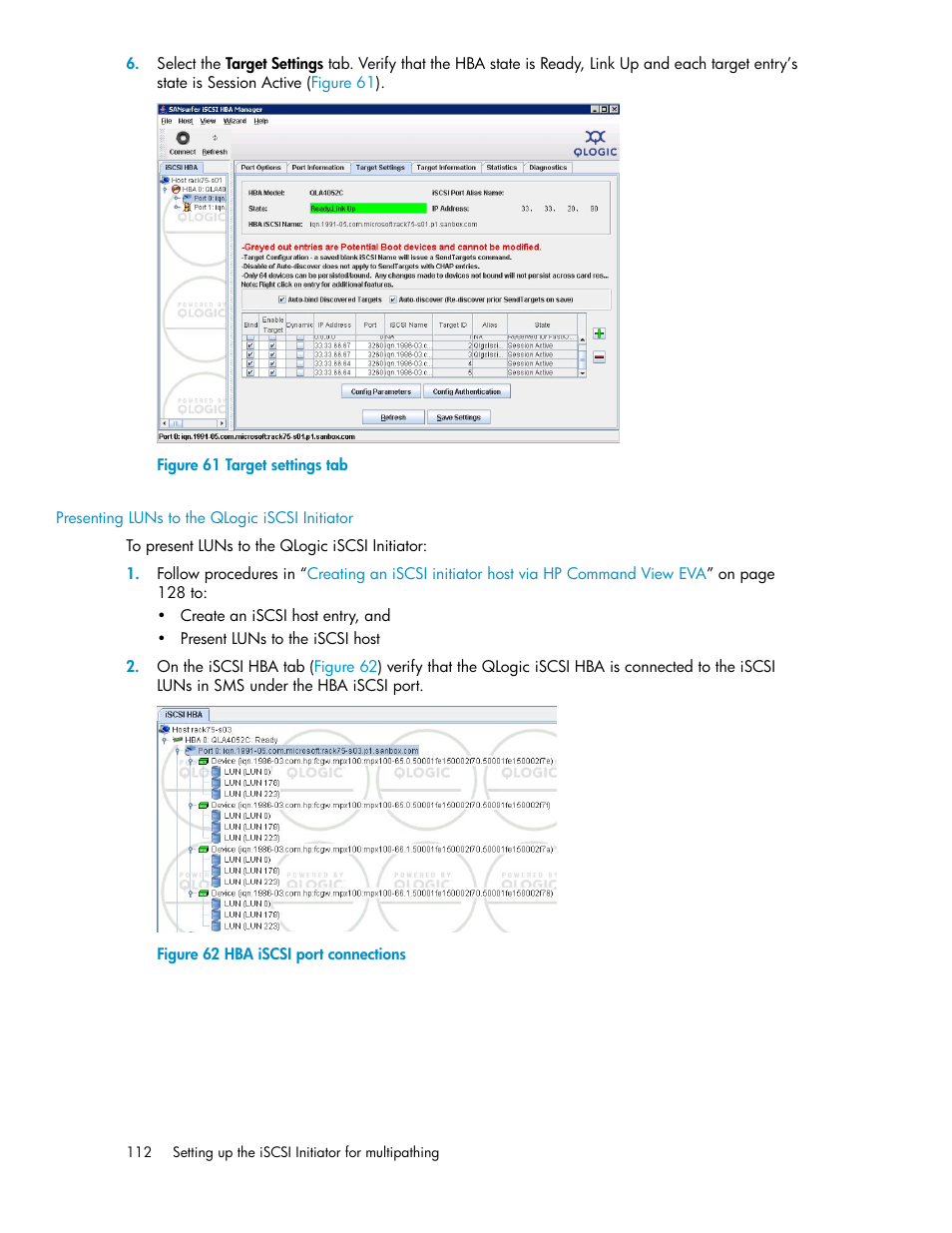 Presenting luns to the qlogic iscsi initiator, Target settings tab, Hba iscsi port connections | HP 3000 Enterprise Virtual Array User Manual | Page 112 / 236