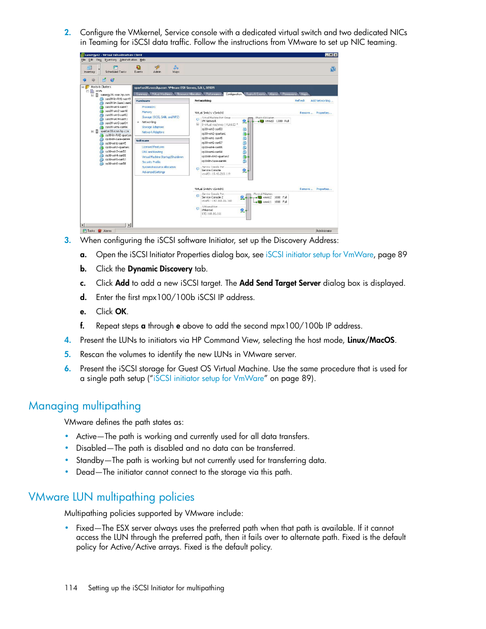 Managing multipathing, Vmware lun multipathing policies, 114 vmware lun multipathing policies | HP 3000 Enterprise Virtual Array User Manual | Page 114 / 236