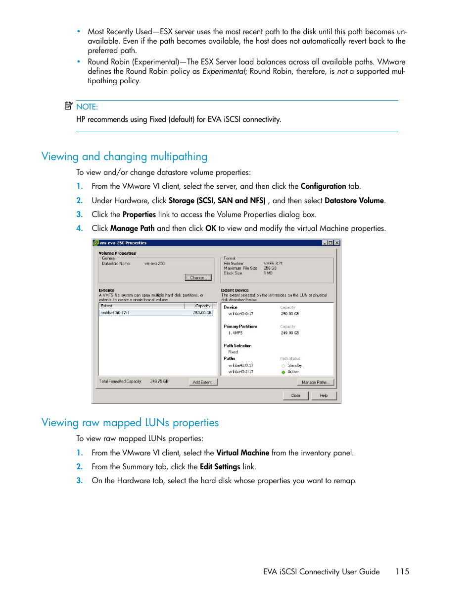 Viewing and changing multipathing, Viewing raw mapped luns properties, 115 viewing raw mapped luns properties | HP 3000 Enterprise Virtual Array User Manual | Page 115 / 236