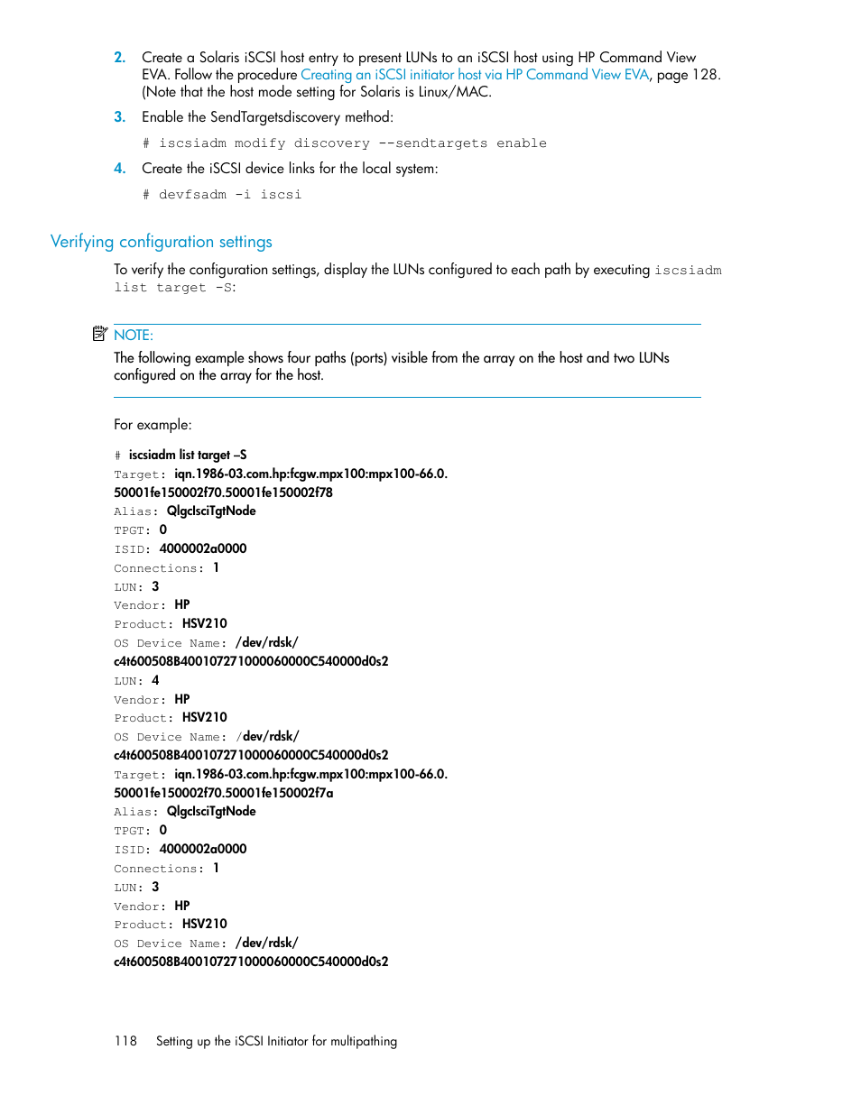 Verifying configuration settings | HP 3000 Enterprise Virtual Array User Manual | Page 118 / 236