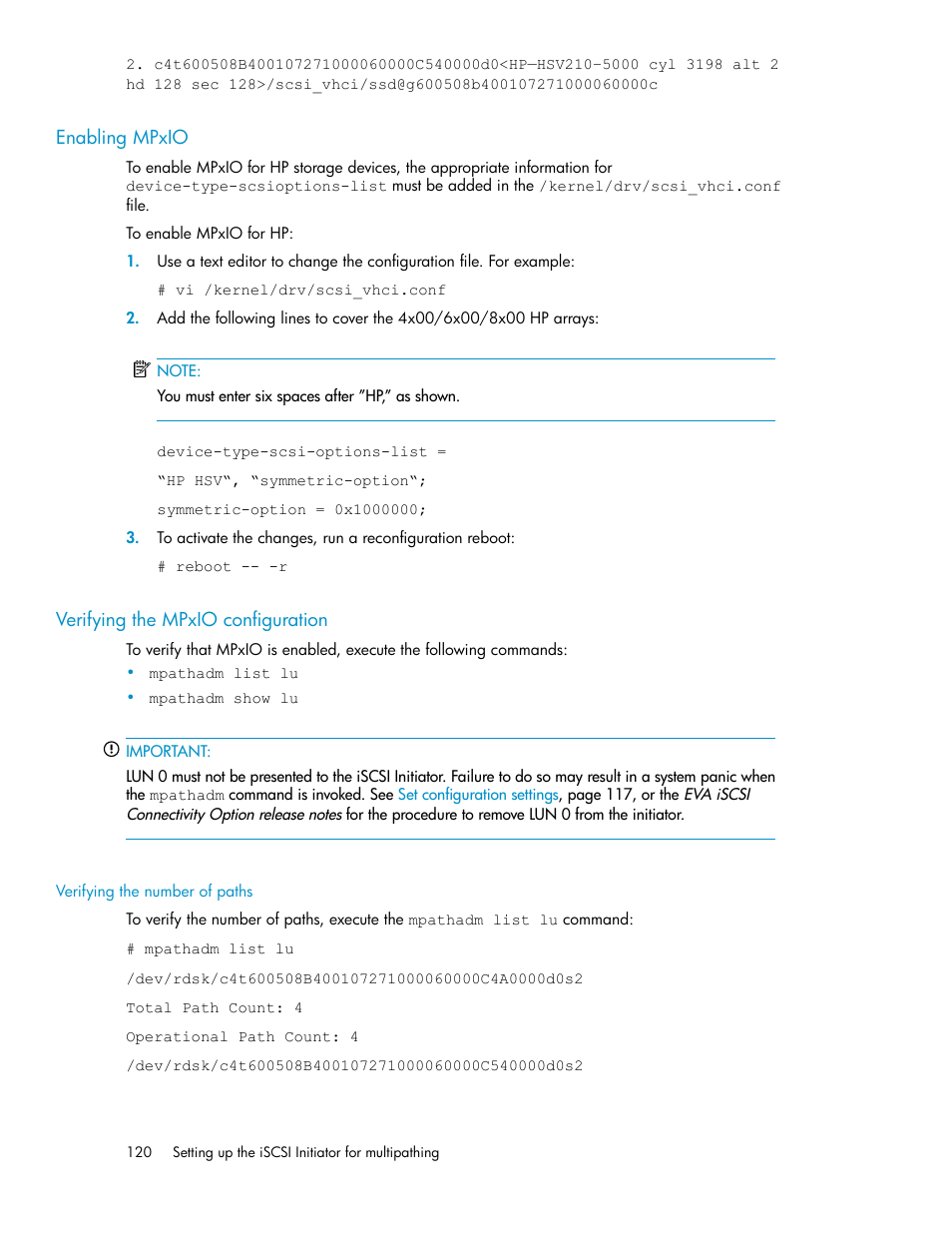 Enabling mpxio, Verifying the mpxio configuration, Verifying the number of paths | 120 verifying the mpxio configuration | HP 3000 Enterprise Virtual Array User Manual | Page 120 / 236