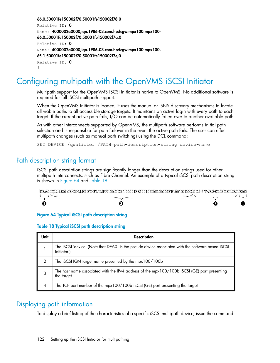 Path description string format, Displaying path information, 122 displaying path information | Typical iscsi path description string | HP 3000 Enterprise Virtual Array User Manual | Page 122 / 236