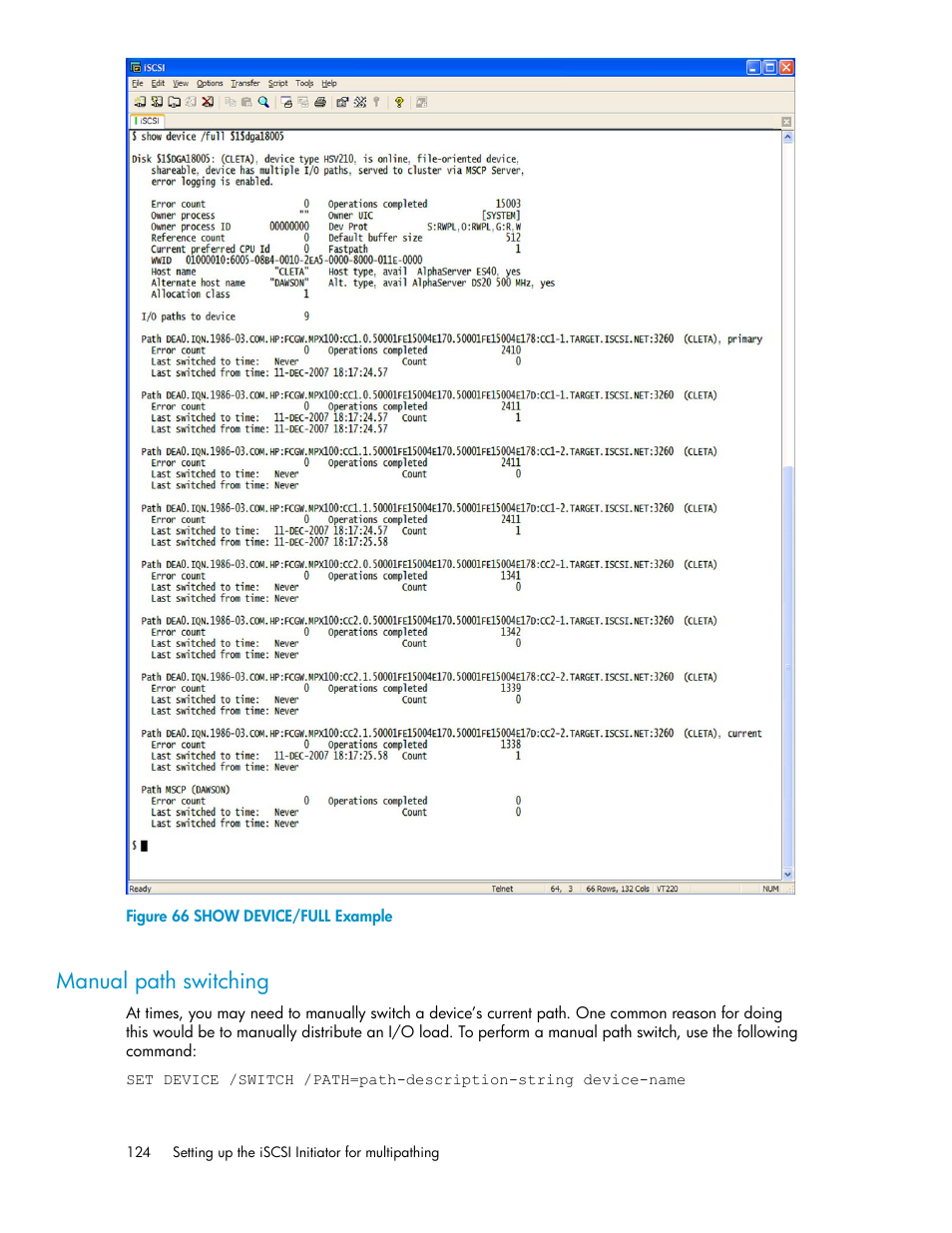 Manual path switching, Show device/full example | HP 3000 Enterprise Virtual Array User Manual | Page 124 / 236
