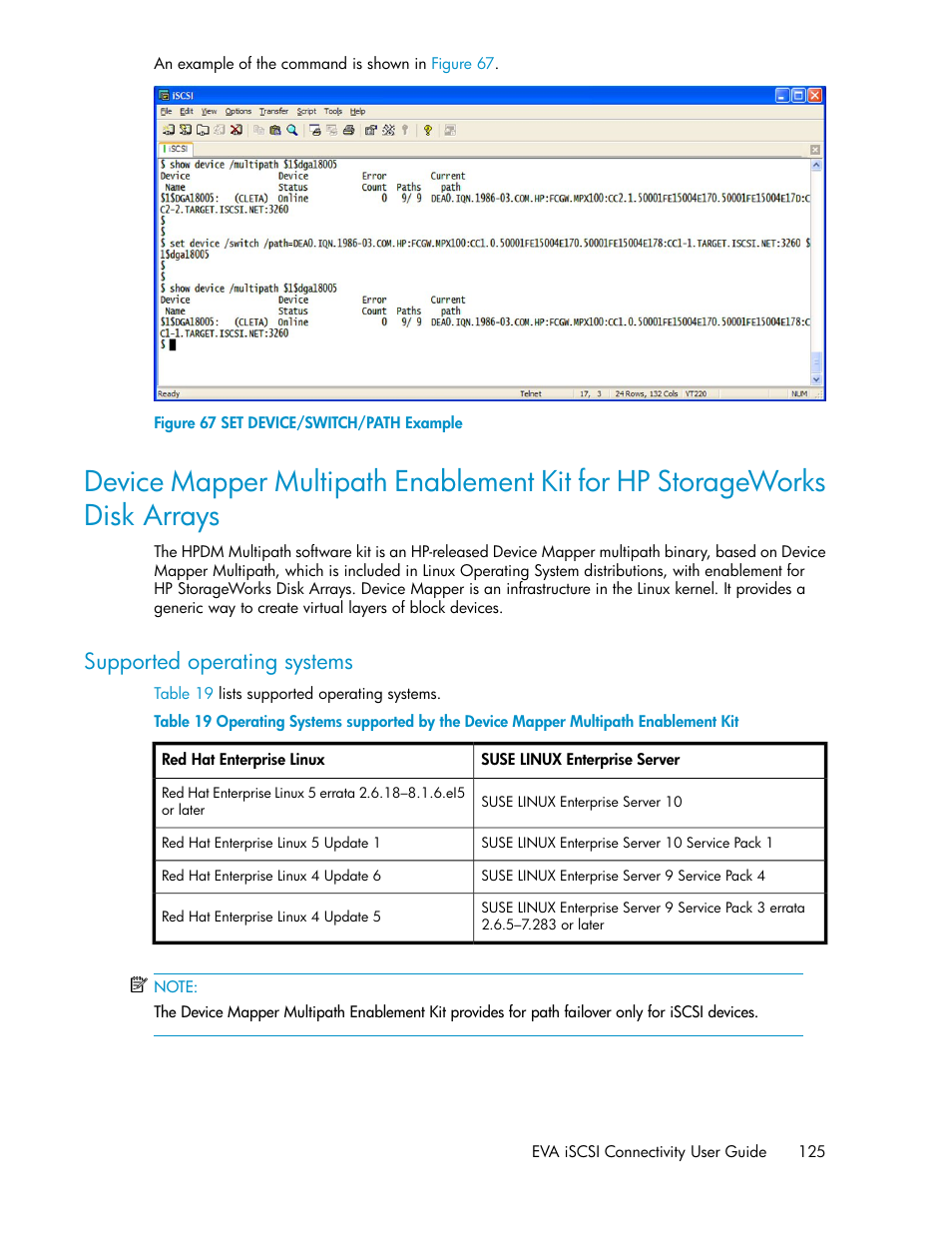 Supported operating systems, Set device/switch/path example | HP 3000 Enterprise Virtual Array User Manual | Page 125 / 236