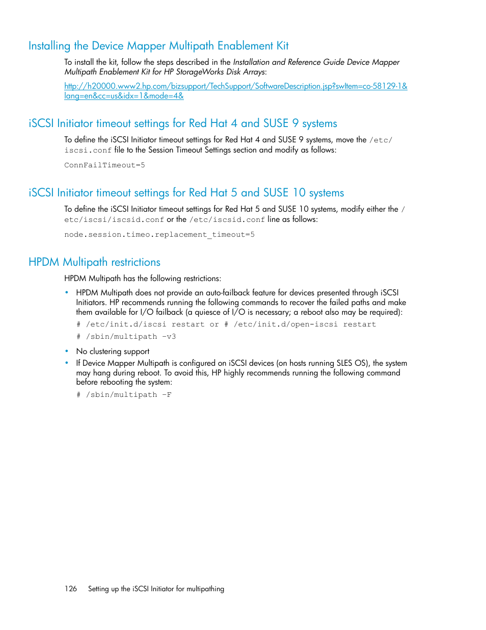 Hpdm multipath restrictions, 126 hpdm multipath restrictions | HP 3000 Enterprise Virtual Array User Manual | Page 126 / 236