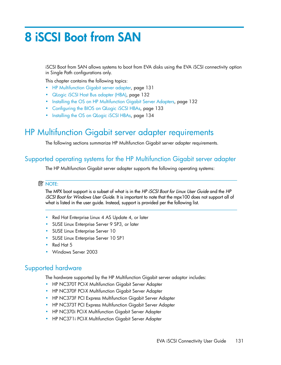 8 iscsi boot from san, Supported hardware, 131 supported hardware | HP 3000 Enterprise Virtual Array User Manual | Page 131 / 236