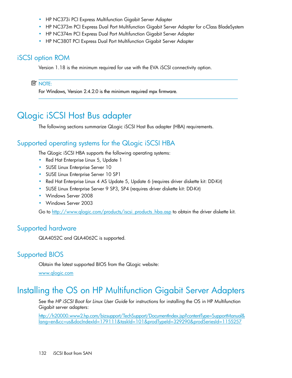 Iscsi option rom, Qlogic iscsi host bus adapter, Supported hardware | Supported bios, 132 supported hardware, 132 supported bios, Qlogic iscsi host bus adapter (hba) | HP 3000 Enterprise Virtual Array User Manual | Page 132 / 236