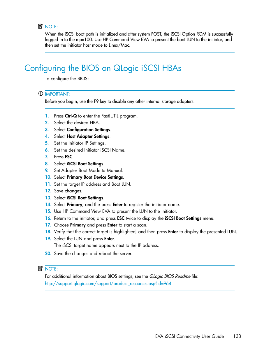 Configuring the bios on qlogic iscsi hbas | HP 3000 Enterprise Virtual Array User Manual | Page 133 / 236