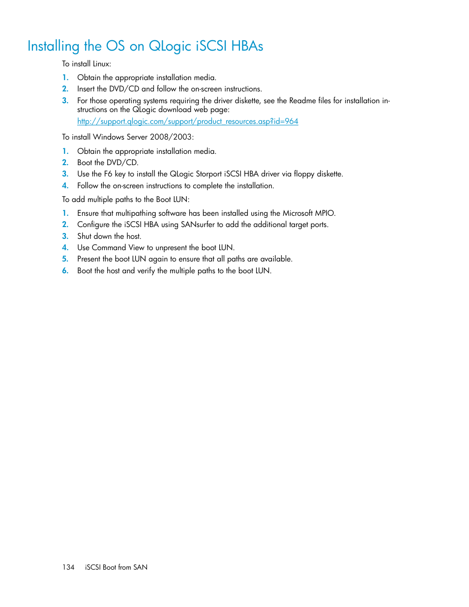 Installing the os on qlogic iscsi hbas | HP 3000 Enterprise Virtual Array User Manual | Page 134 / 236