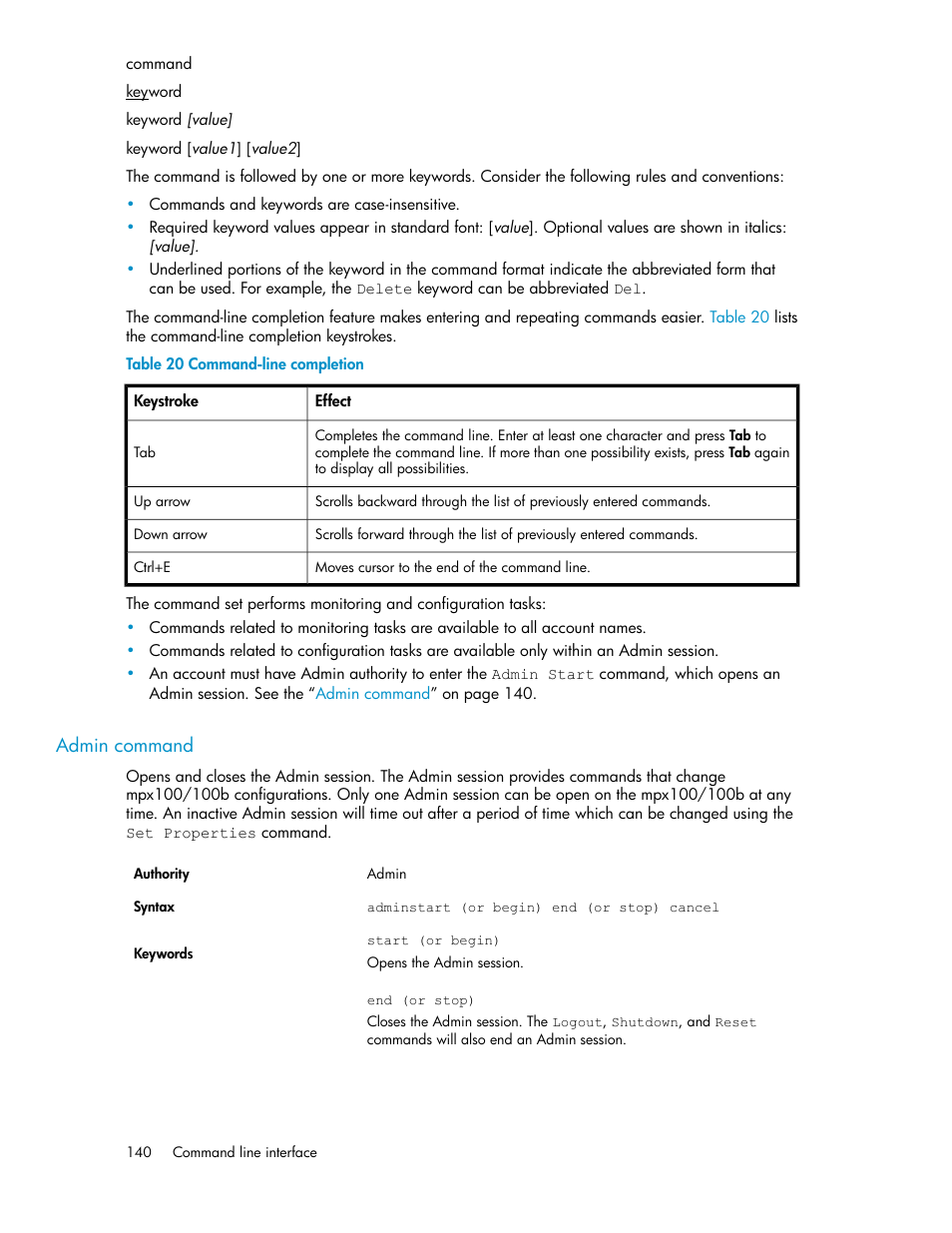 Admin command, Command-line completion | HP 3000 Enterprise Virtual Array User Manual | Page 140 / 236