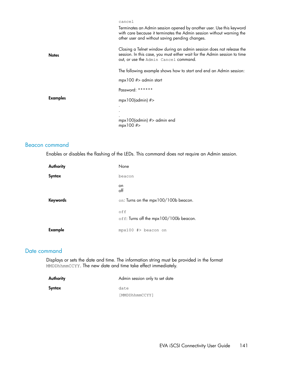 Beacon command, Date command, 141 date command | HP 3000 Enterprise Virtual Array User Manual | Page 141 / 236