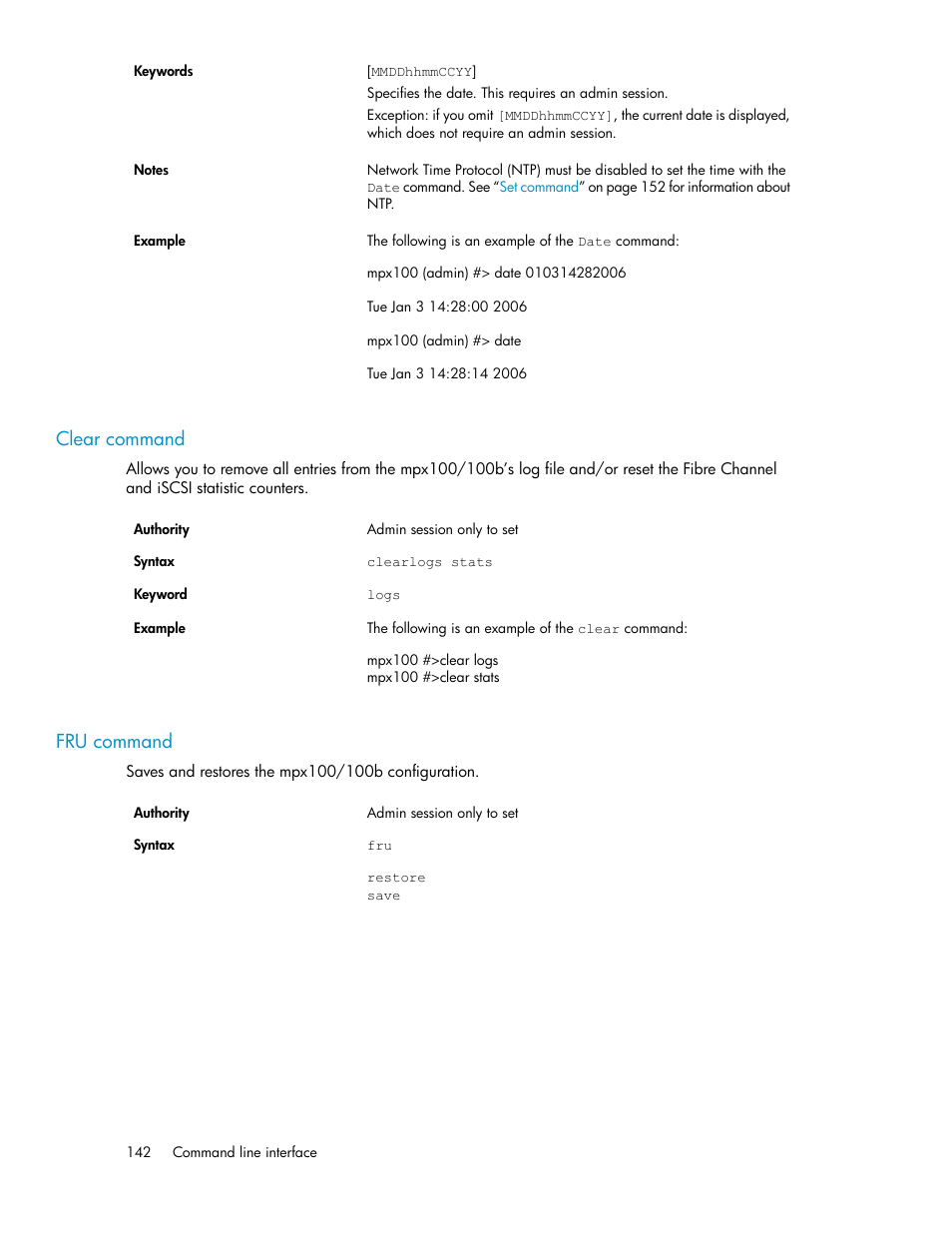 Clear command, Fru command, 142 fru command | HP 3000 Enterprise Virtual Array User Manual | Page 142 / 236