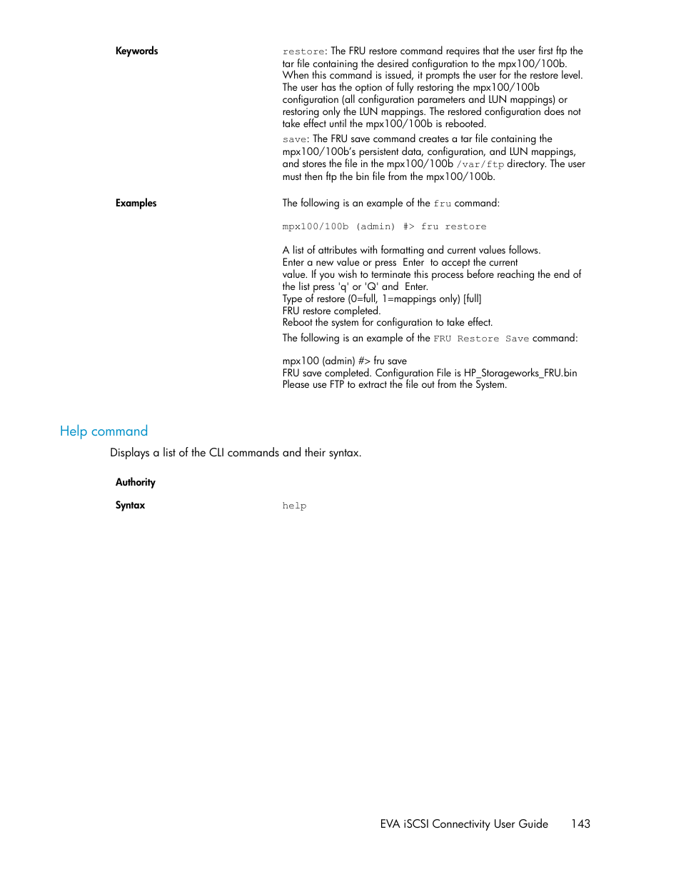 Help command | HP 3000 Enterprise Virtual Array User Manual | Page 143 / 236