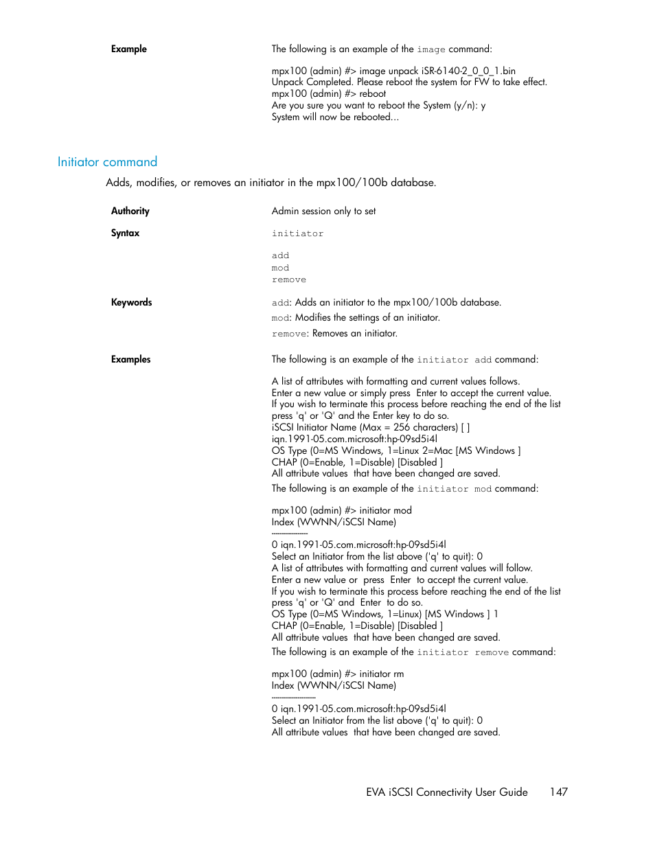 Initiator command | HP 3000 Enterprise Virtual Array User Manual | Page 147 / 236