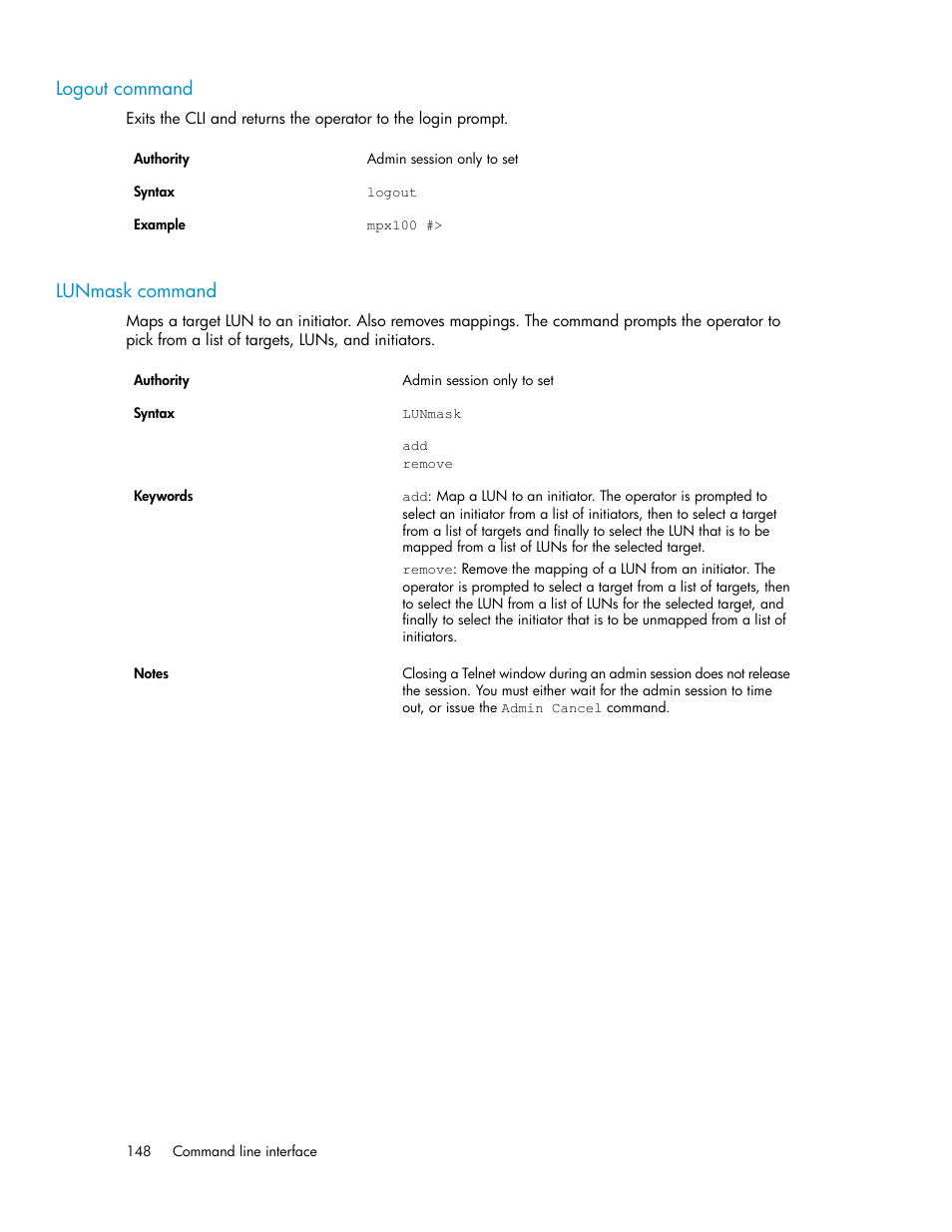 Logout command, Lunmask command, 148 lunmask command | HP 3000 Enterprise Virtual Array User Manual | Page 148 / 236