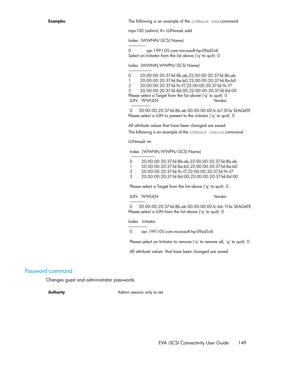 Password command | HP 3000 Enterprise Virtual Array User Manual | Page 149 / 236