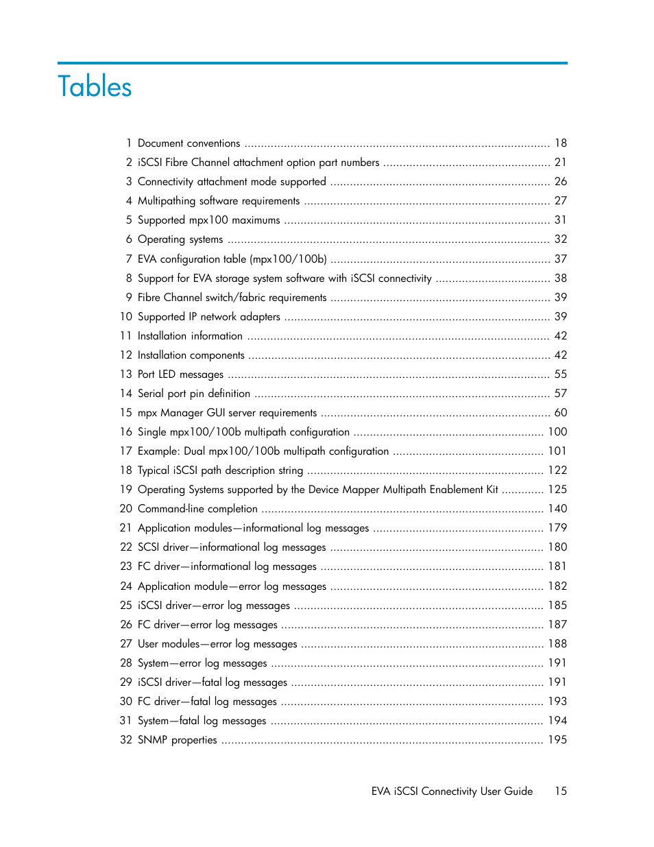 Tables | HP 3000 Enterprise Virtual Array User Manual | Page 15 / 236