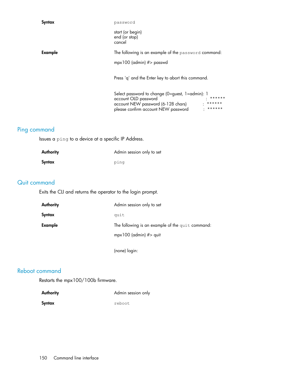 Ping command, Quit command, Reboot command | 150 quit command, 150 reboot command | HP 3000 Enterprise Virtual Array User Manual | Page 150 / 236