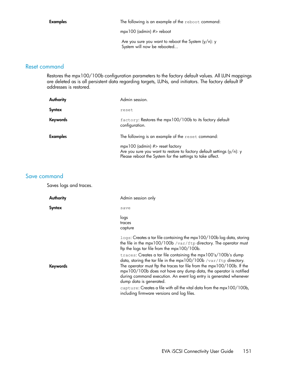 Reset command, Save command, 151 save command | HP 3000 Enterprise Virtual Array User Manual | Page 151 / 236