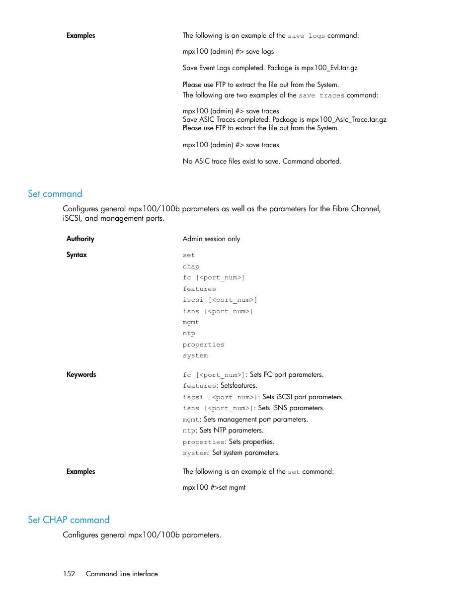 Set command, Set chap command, 152 set chap command | HP 3000 Enterprise Virtual Array User Manual | Page 152 / 236