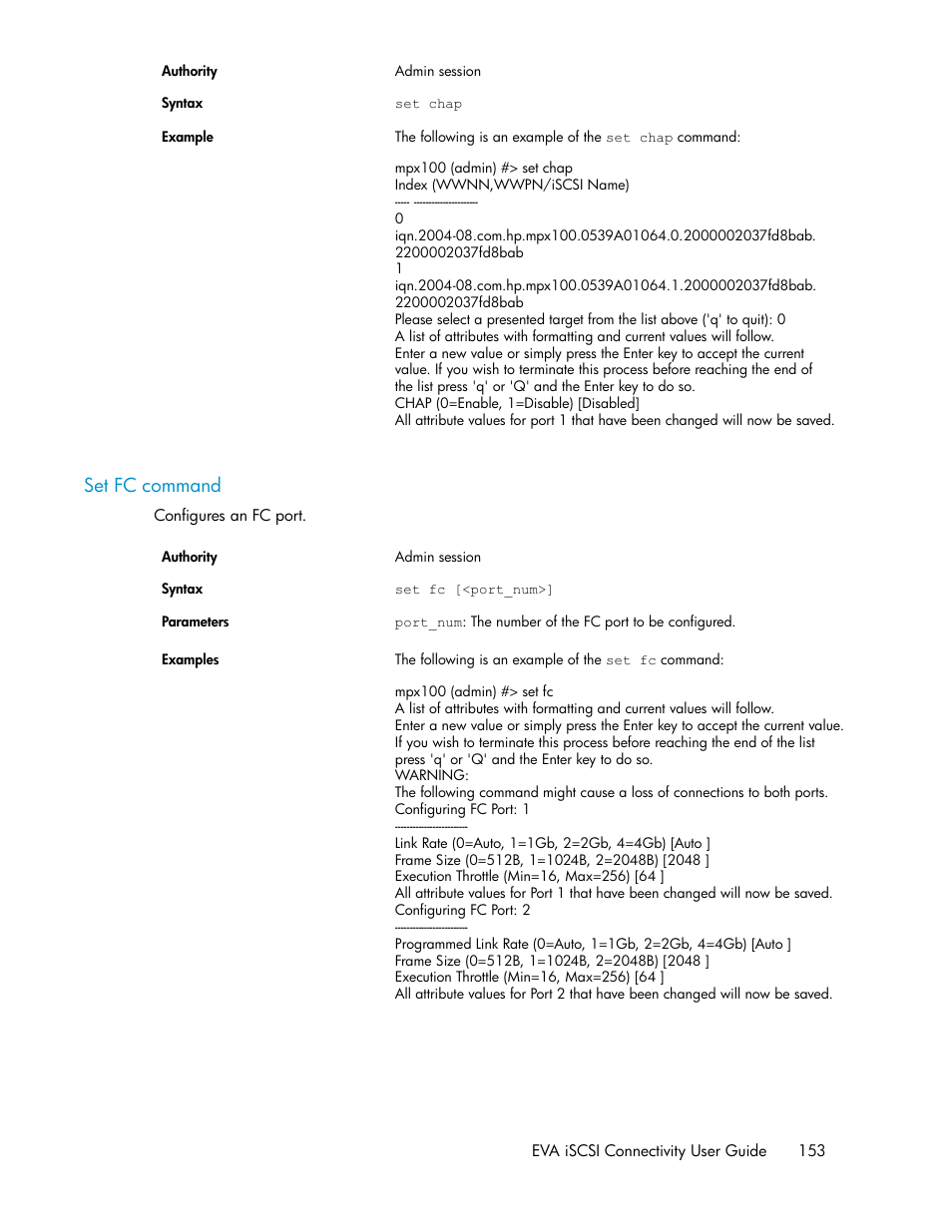 Set fc command | HP 3000 Enterprise Virtual Array User Manual | Page 153 / 236