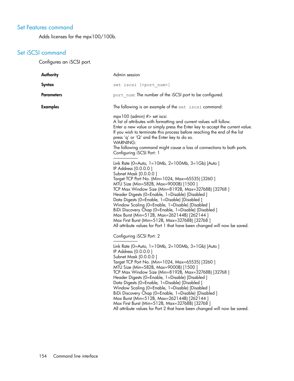 Set features command, Set iscsi command, 154 set iscsi command | HP 3000 Enterprise Virtual Array User Manual | Page 154 / 236