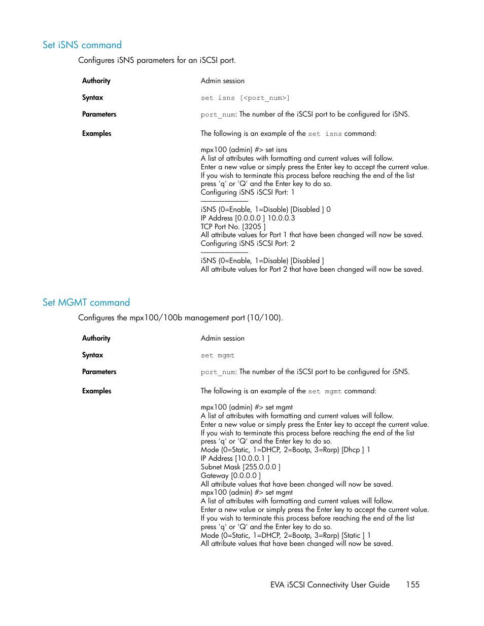 Set isns command, Set mgmt command, 155 set mgmt command | HP 3000 Enterprise Virtual Array User Manual | Page 155 / 236