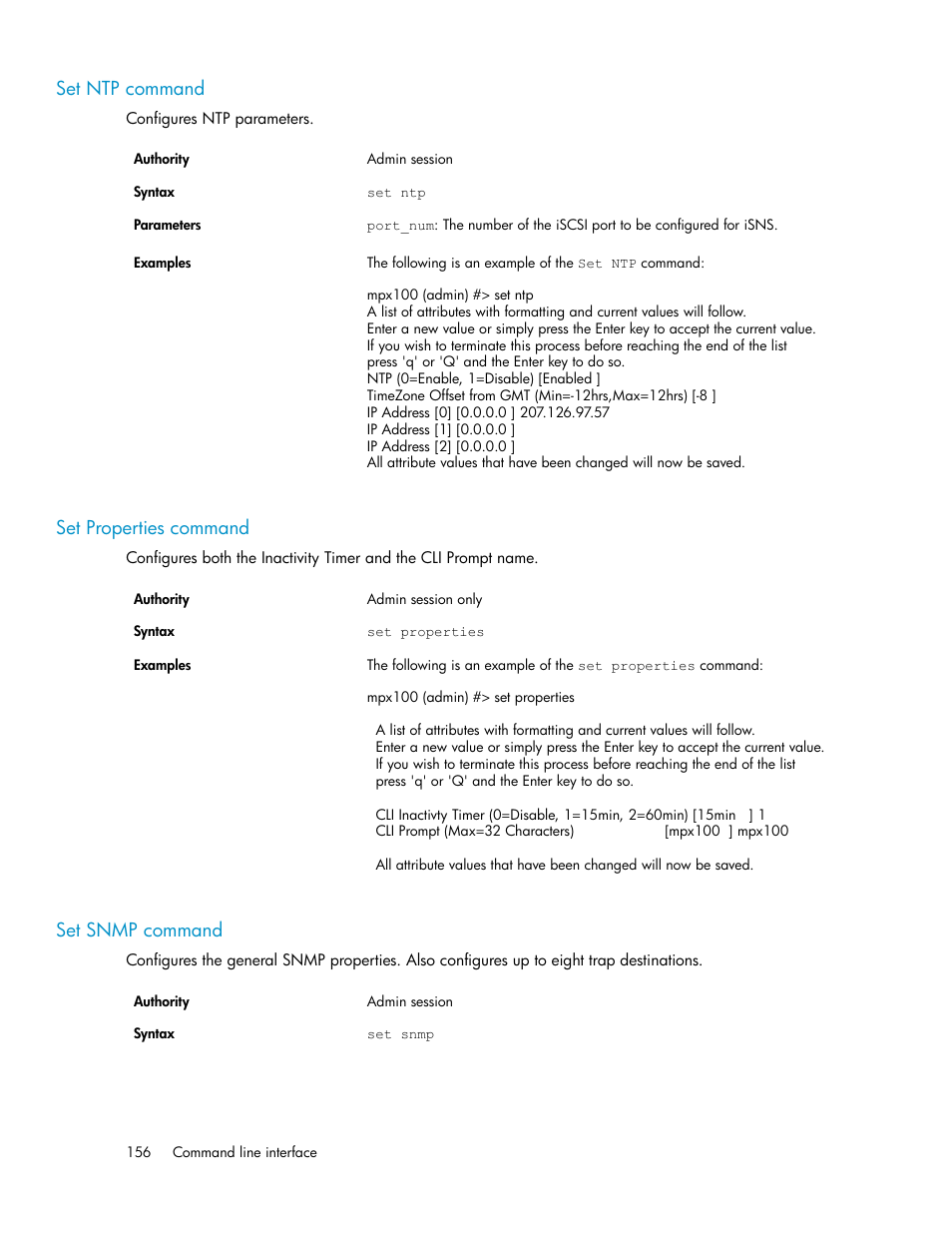 Set ntp command, Set properties command, Set snmp command | 156 set properties command, 156 set snmp command | HP 3000 Enterprise Virtual Array User Manual | Page 156 / 236