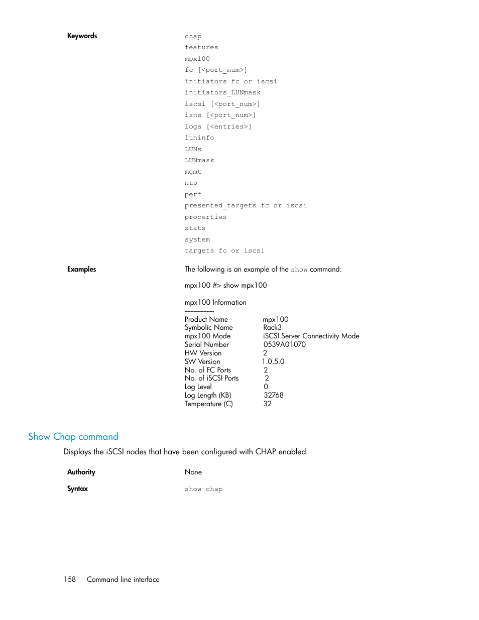 Show chap command | HP 3000 Enterprise Virtual Array User Manual | Page 158 / 236