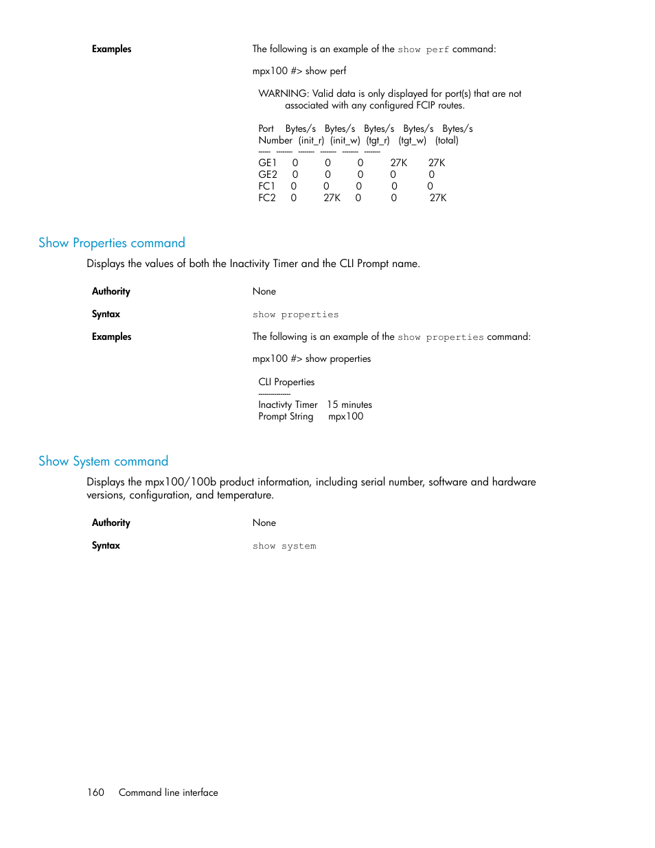 Show properties command, Show system command, 160 show system command | HP 3000 Enterprise Virtual Array User Manual | Page 160 / 236