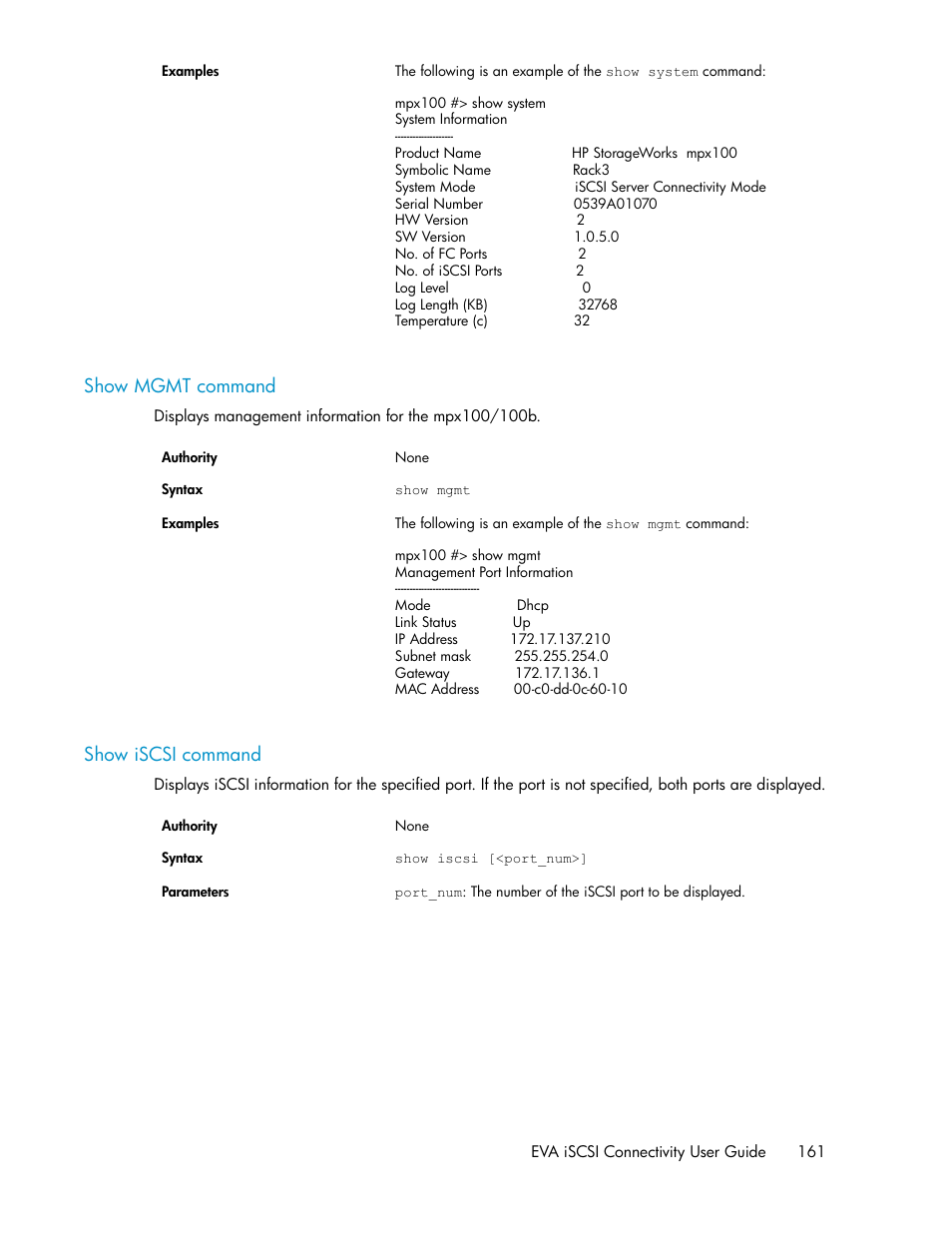 Show mgmt command, Show iscsi command, 161 show iscsi command | HP 3000 Enterprise Virtual Array User Manual | Page 161 / 236