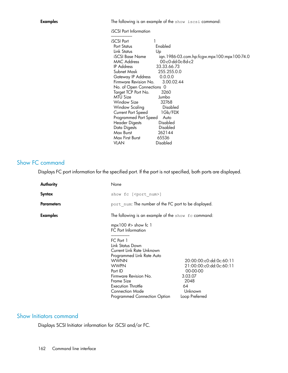 Show fc command, Show initiators command, 162 show initiators command | HP 3000 Enterprise Virtual Array User Manual | Page 162 / 236