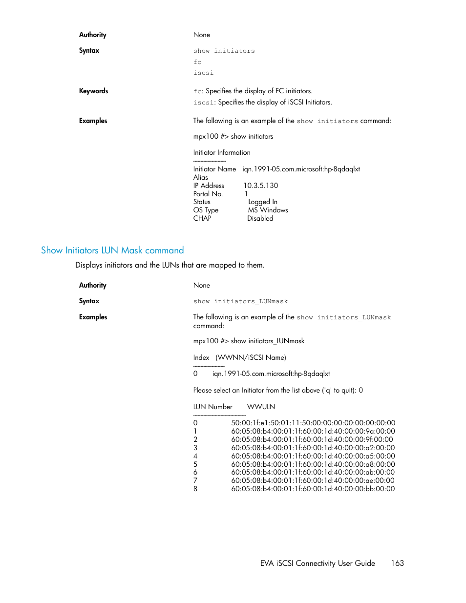 Show initiators lun mask command | HP 3000 Enterprise Virtual Array User Manual | Page 163 / 236