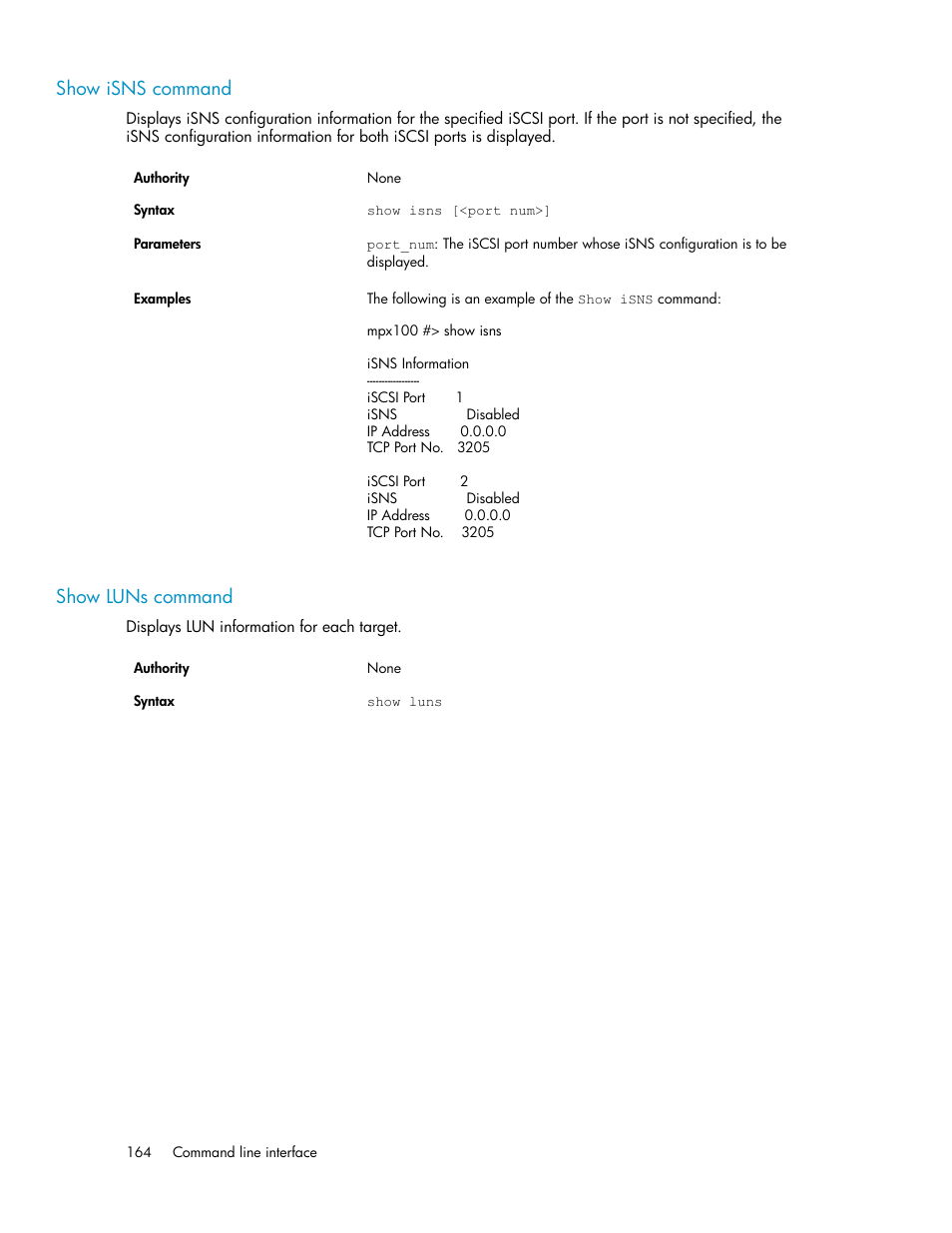 Show isns command, Show luns command, 164 show luns command | HP 3000 Enterprise Virtual Array User Manual | Page 164 / 236