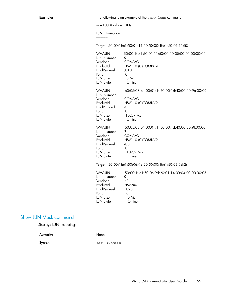 Show lun mask command | HP 3000 Enterprise Virtual Array User Manual | Page 165 / 236