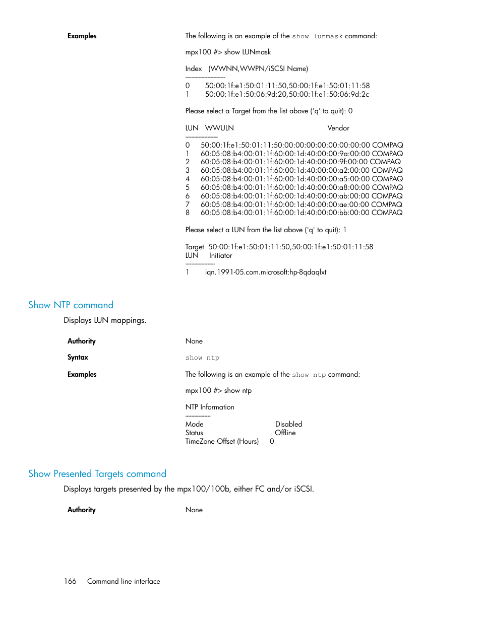 Show ntp command, Show presented targets command, 166 show presented targets command | HP 3000 Enterprise Virtual Array User Manual | Page 166 / 236