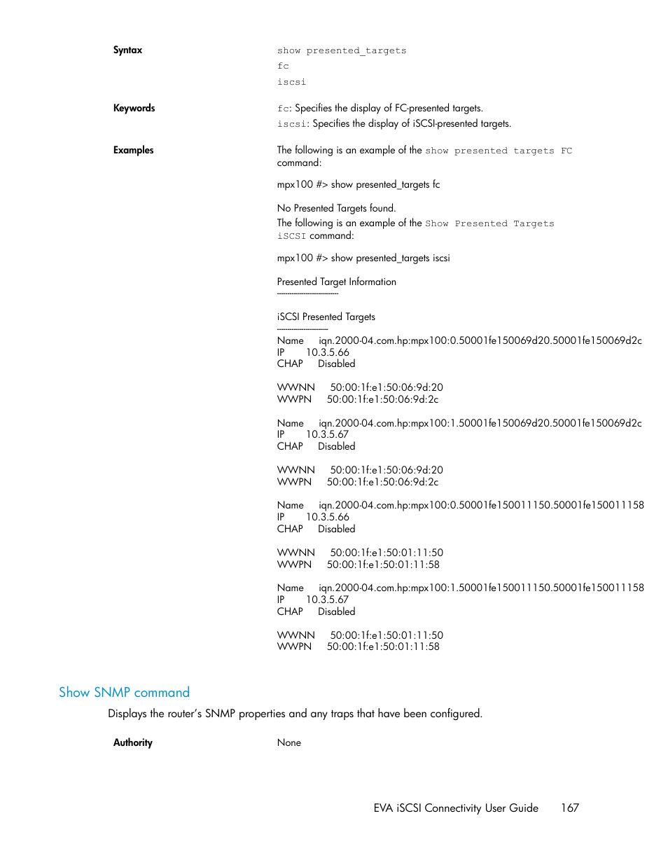 Show snmp command | HP 3000 Enterprise Virtual Array User Manual | Page 167 / 236