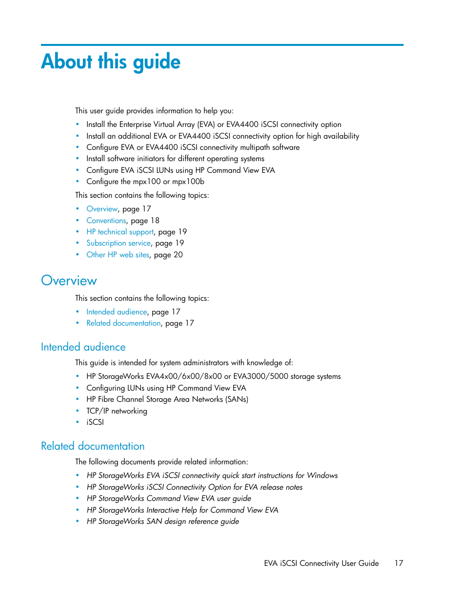 About this guide, Overview, Intended audience | Related documentation, 17 related documentation | HP 3000 Enterprise Virtual Array User Manual | Page 17 / 236